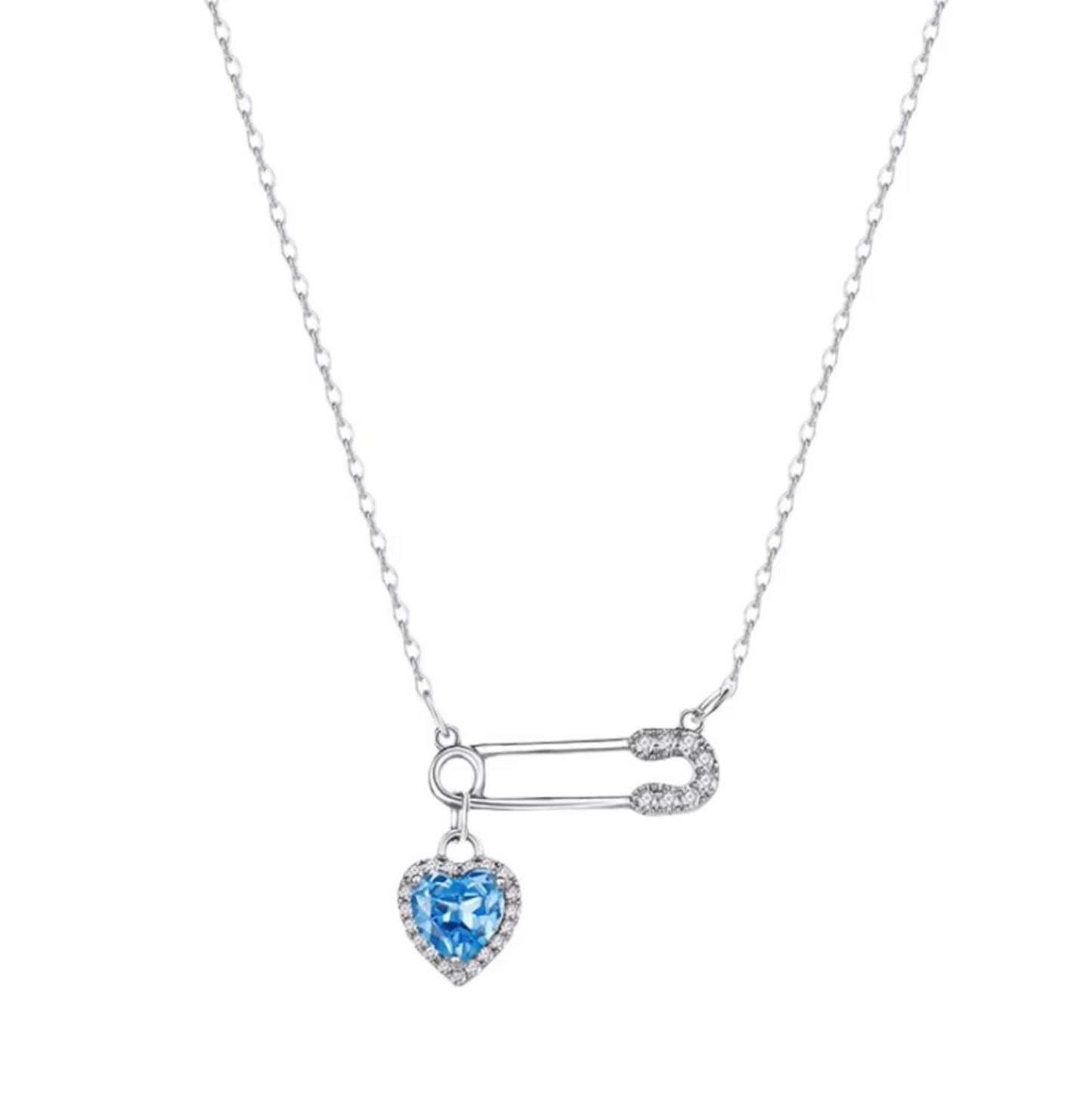 Silver Safety Pin Heart Pendant Necklace