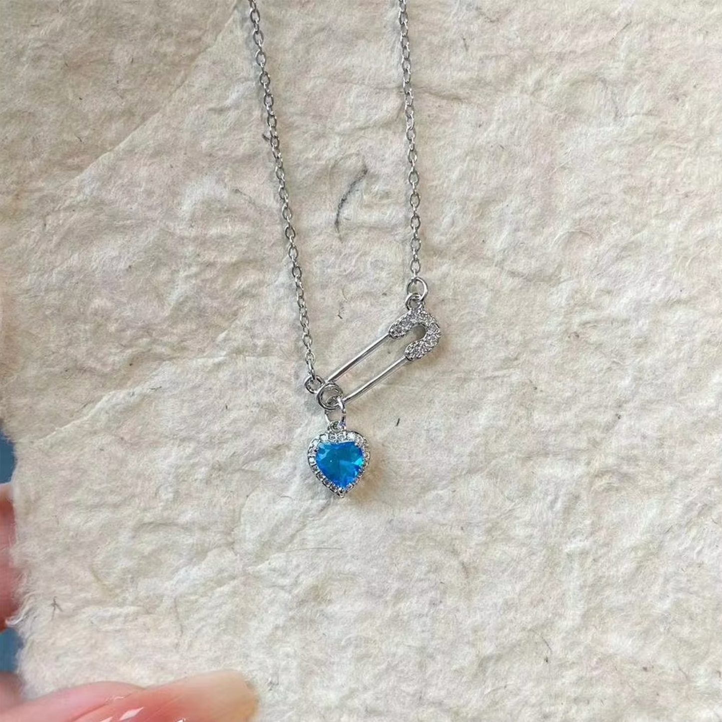 Silver Safety Pin Heart Pendant Necklace